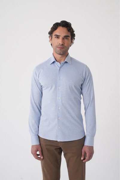 Bisse Blue Regular Fit Cotton Pocketless Classic Open Long Collar Knitted Shirt