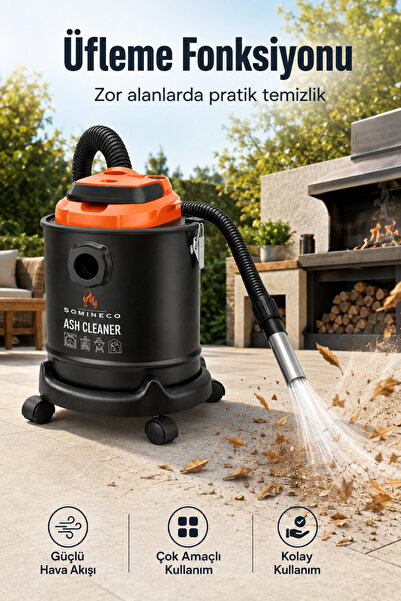 SOMINECO 1200W Çok Amaçlı Elektrikli Kül Süpürgesi 18 L Metal Hazne–Şömine & Soba & Mangal