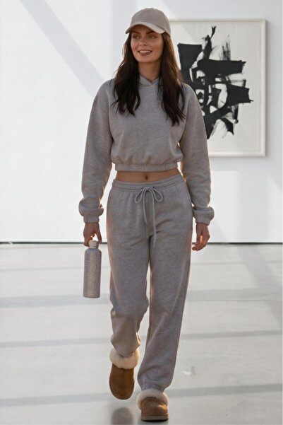 NO 601 Women's Gray Crop Set Hooded Three Thread Fleece Tracksuit Set