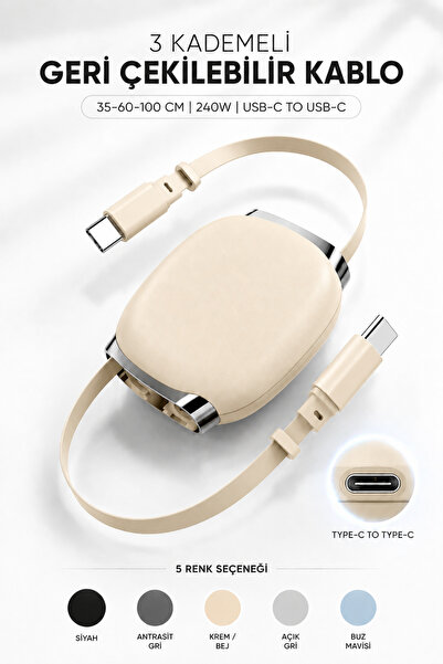 NOREXA Type C Şarj Kablosu 240W Hızlı Şarj USB C to USB C Geri Çekilebilir Ma...