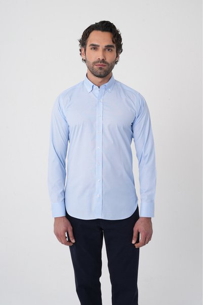 Bisse Blue Regular Fit Cotton Pocketless Long Pasha Collar Shirt