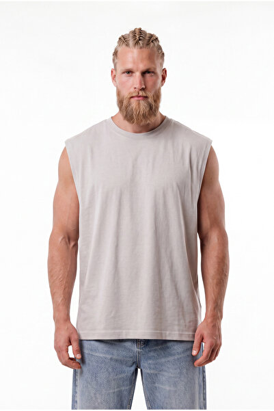 Machinist Erkek Oversize Bisiklet Yaka Basic Atlet Boyama Gri