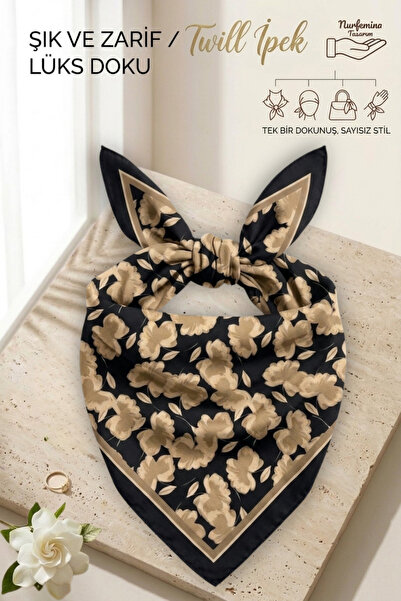 nurfemina Stylish Black Beige Floral Motif - Twill Silk Texture - Multi-Purpo...