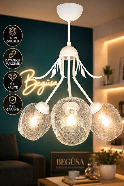 Begüsa Erden 3.Lü Şeffaf Camlı Avize Beyaz