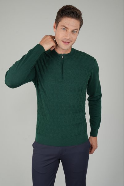 Bisse Green Regular Fit Wool Half Turtleneck Zipper Detailed Jacquard Knitwear