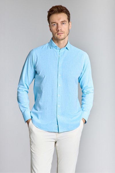 Bisse Turquoise Regular Fit Cotton Linen Birit Collar Shirt