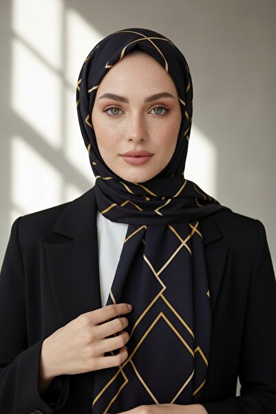 Vissona KREP GOLD DETAYLI KARO DESENLİ SİYAH RENKLİ 75X195 KIRIŞMAZ ŞAL
