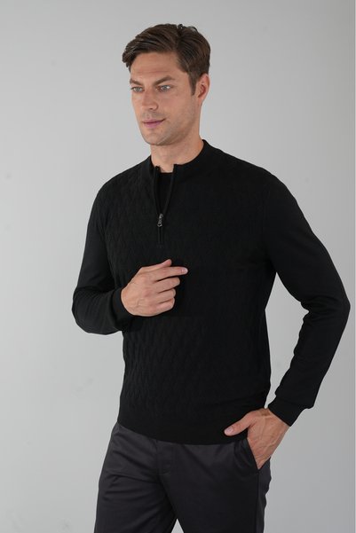 Bisse Black Half Turtleneck Zipper Detailed Jacquard Men's Knitwear