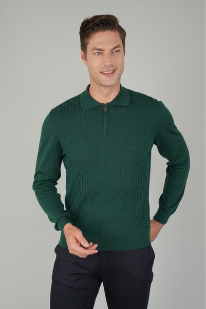 Bisse Green Regular Fit Wool Zippered Polo Collar Jacquard Knitwear
