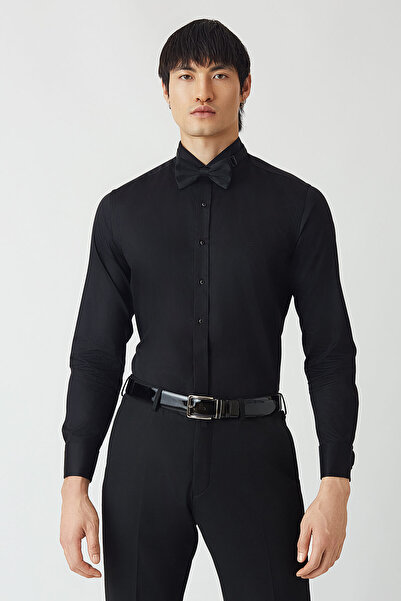 Bisse Slim Fit Uzun Kollu Sıyah Ata Yaka Erkek Gömlek