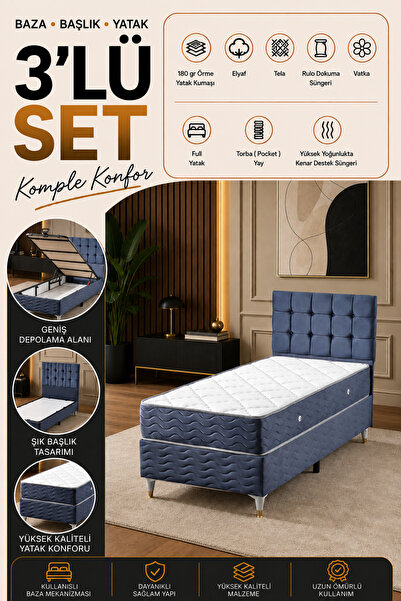 beehanem Bengü İndigo Baza + Yatak + Başlık Seti 90x190 Tek Kişilik Ortopedik...