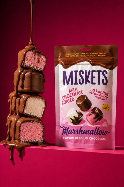 Miskets Strawberry and Vanilla Flavored Milk Chocolate Covered Marshmallow 80 Gr