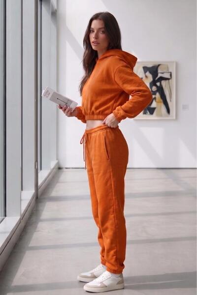 NO 601 Women's Orange Hooded Crop Sweatpants Set