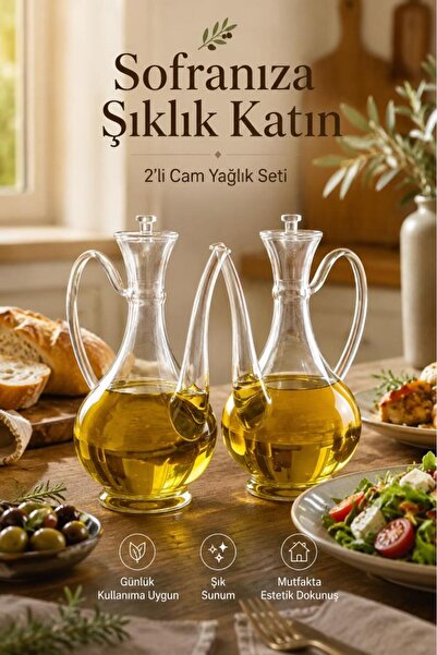 Atbyhome 2'li Borosilikat Cam İbrik Yağlık Sirkelik Seti 750 ml - Damlatmaz Yağdanlık