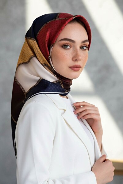 Vissona %100 Twill İpek Eşarp 90x90 Geometrik Kare Desenli El Dikişli Kadın E...