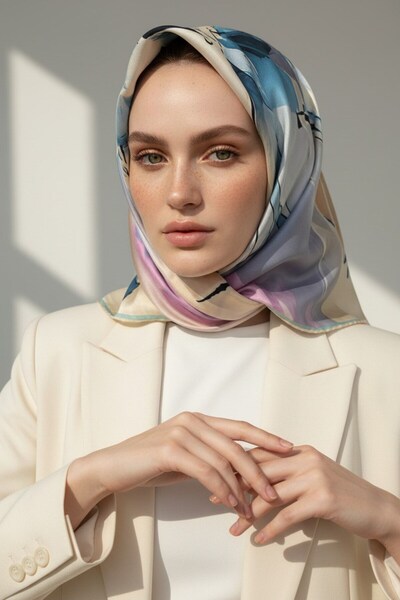 Vissona %100 Twill İpek Eşarp 90x90 Soyut Sulu Boya Desenli El Dikişli Kadın ...