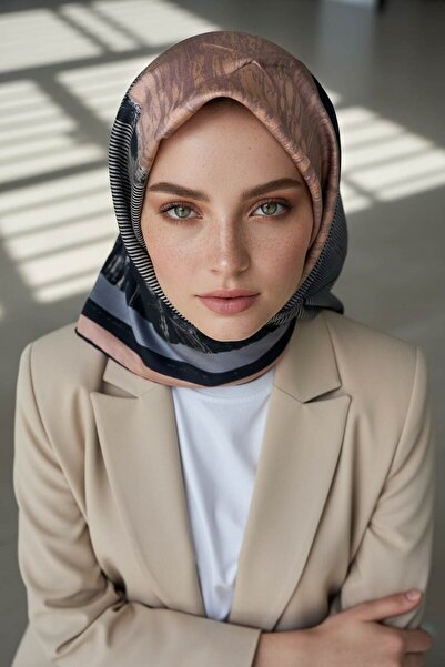 Vissona %100 Twill İpek Eşarp 90x90 Somon Bebe Mavisi Geometrik Desenli El Di...