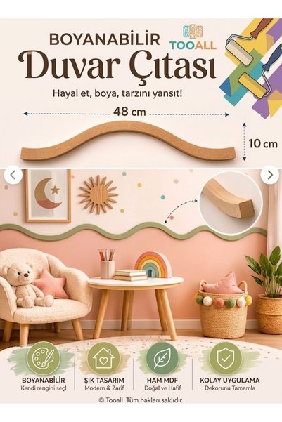 Tooall Boyanabilir Ham Mdf Dekoratif Geniş Dalga Model Duvar Çıtası (48 cm)