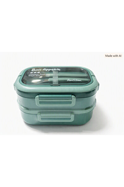 Tantitoni 1.65 Liter 2-Tier Food Carrying Container with Plate, Fork and Spoon