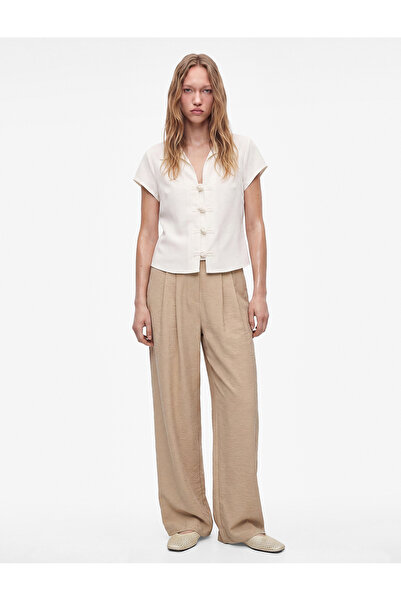 Koton Wide Leg Elastic Waist Buttoned Pleated Viscose Trousers