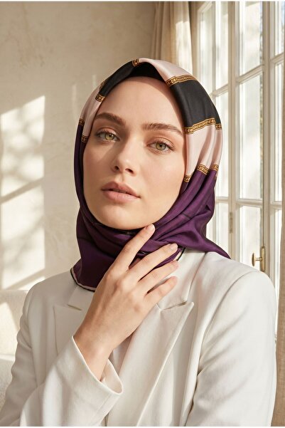 Vissona %100 Twill İpek Eşarp 90x90 Çizgili Barok Detaylı El Dikişli Kadın Eşarp