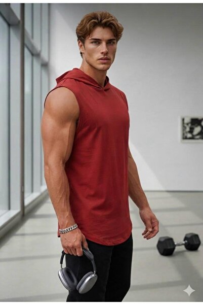 NO 601 Tricou fitness cu glugă, roșu, slim fit, pentru bărbați - Maiou sport ...