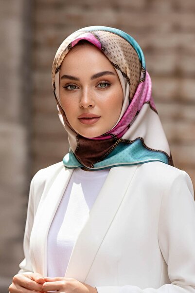 Vissona %100 Twill İpek Eşarp 90x90 Geometrik Kare Desenli El Dikişli Kadın E...