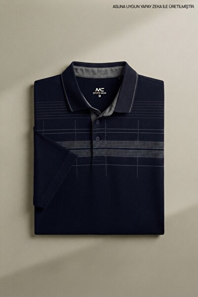 Maccali Men's Large Size Navy Blue Polo Collar Printed T-Shirt