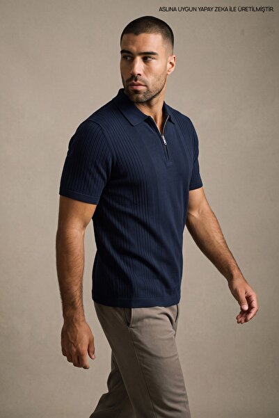 Maccali Men's Casual Premium Striped Navy Blue Polo Collar t Shirt