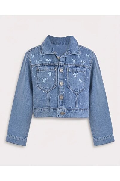 HEYMINY Mavi – Taşlı Fiyonk Nakışlı Bel Boy Crop Kız Kot Ceket