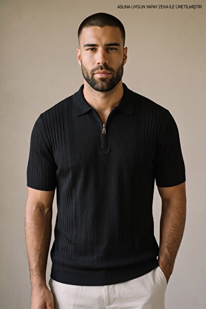 Maccali Men's Regular Striped Black Short Sleeve Polo Collar t Shirt