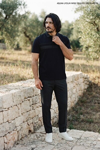 Maccali Men's Large Size Comfortable Fit Navy Blue Polo Collar T-Shirt
