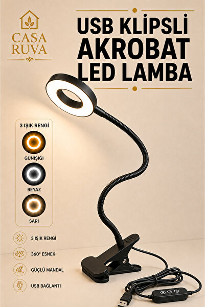 CASA RUVA USB Klipsli Akrobat LED Masa Lambası Dokunmatik Esnek Boyunlu Siyah...