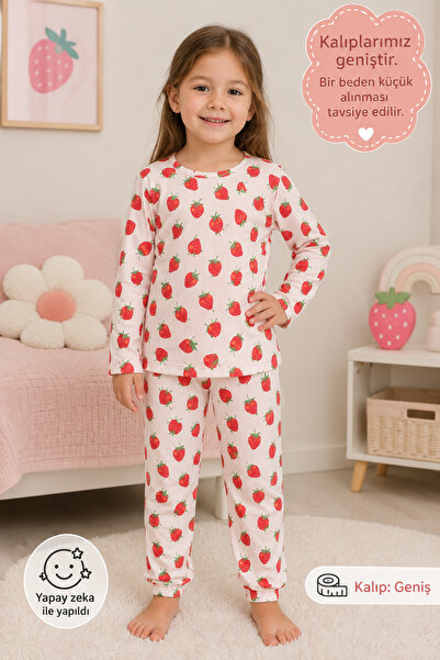 mışıl mışıl kids Kız Çocuk Pembe Çilekli Pamuklu Pijama Takımı