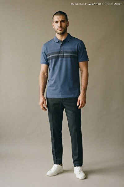 Maccali Men's Patterned Relax Fit Indigo Polo Neck T-Shirt
