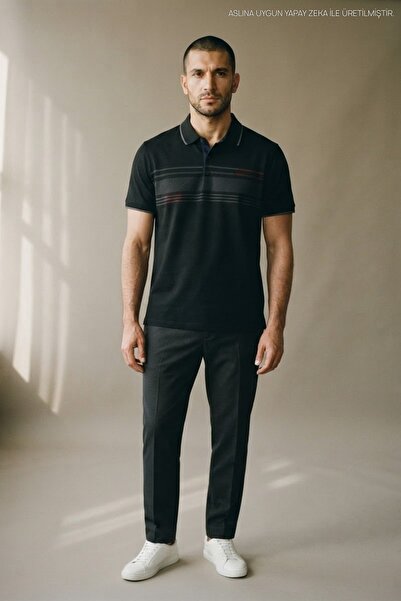 Maccali Men's Cotton in Patterned Comfortable Black Polo Neck T-Shirt
