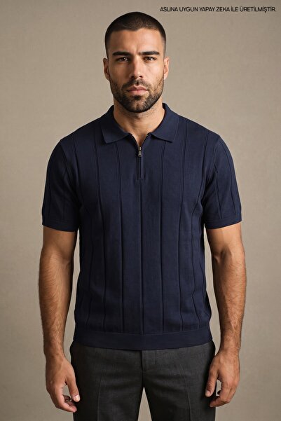 Maccali Men's Casual Comfort Fit Striped Navy Blue Polo Knitwear T-Shirt