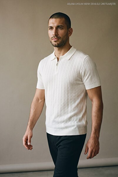 Maccali Men's Trendy Striped White Polo Collar Knitwear T-Shirt