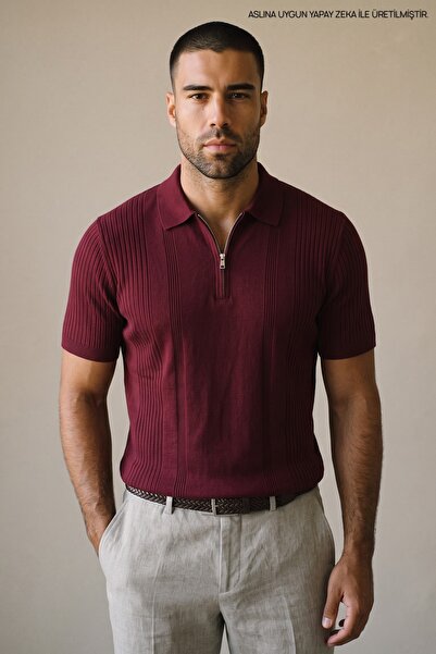 Maccali Men's Casual Premium Striped Claret Red Polo Collar t Shirt