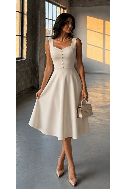 Modafeminen Strappy Sweetheart Neckline Midi Length Crepe Fabric Evening Dres...