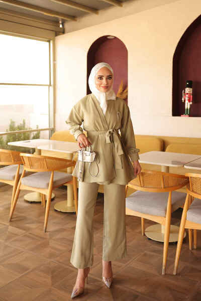 İmajButik Olive Yaka Bronş Detaylı Tunik Pantolonlu Takım