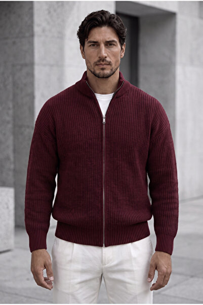 Valiberta Woody Oversize Selanik Örme Fermuarlı Erkek Hırka- Bordo