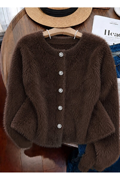 NATUFIAN STORE Women's Plush Look Soft Furry Crew Neck Basic Knitwear Cardigan