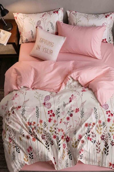 İQON Elastic Sheet Duvet Cover Set Single Size Garden White