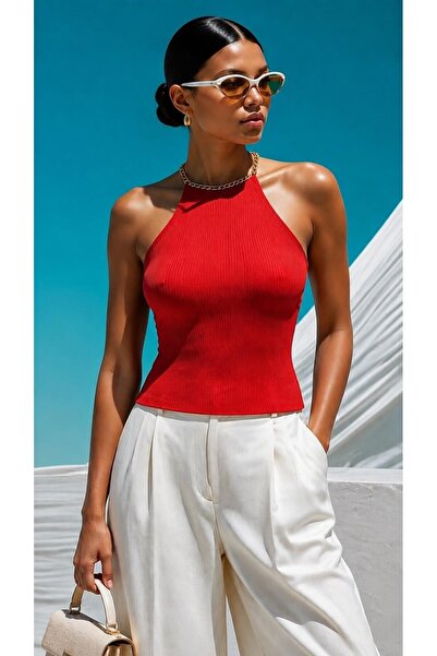 Modafeminen Chain Detail Matching Halter Neck Slim Fit Ribbed Blouse Tr083 Red