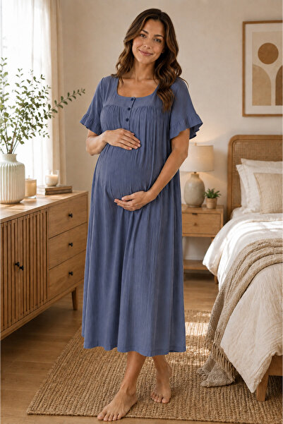 by İGP Muslin Fabric Maternity Short Sleeve Nightgown with Breastfeeding Feat...