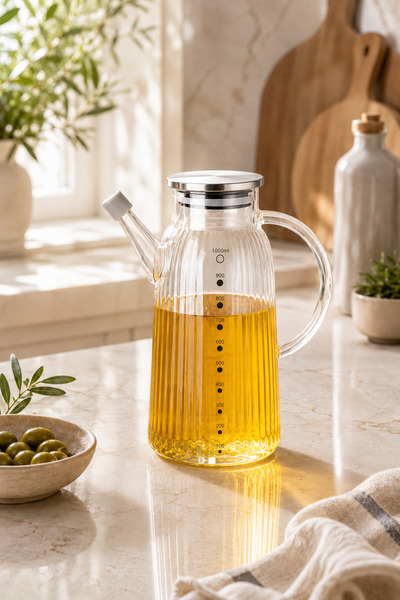 welcomein Cam Yağlık 1100 ml Ölçü Göstergeli Paslanmaz Çelik Kapaklı Şık Tasarım