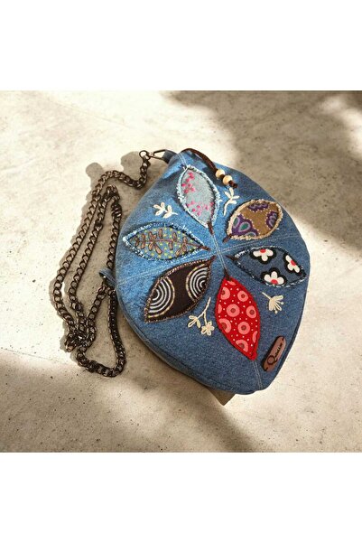 QuZeLLiK El İşi Nakışlı Kot Çanta Rengarenk Patchwork Yuvarlak Model