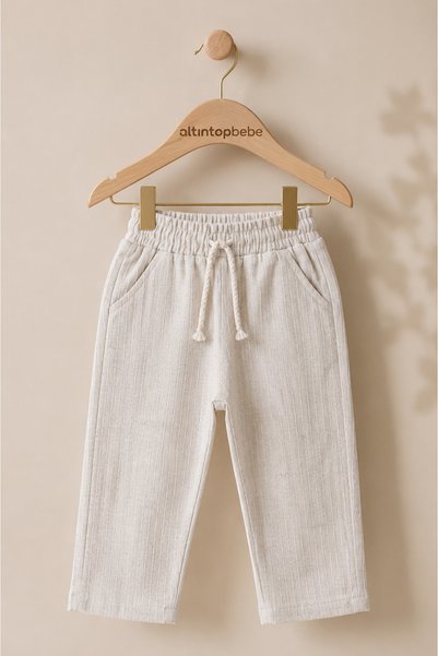 altıntop bebe Men's Beige Linen 100% Cotton Comfortable Cut Trousers with Elastic Waist