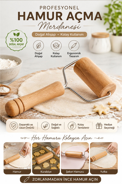 AYGÖREN HOME Wooden Handle Dough Roller Roller Smooth Rolling Pin Pizza Pastr...